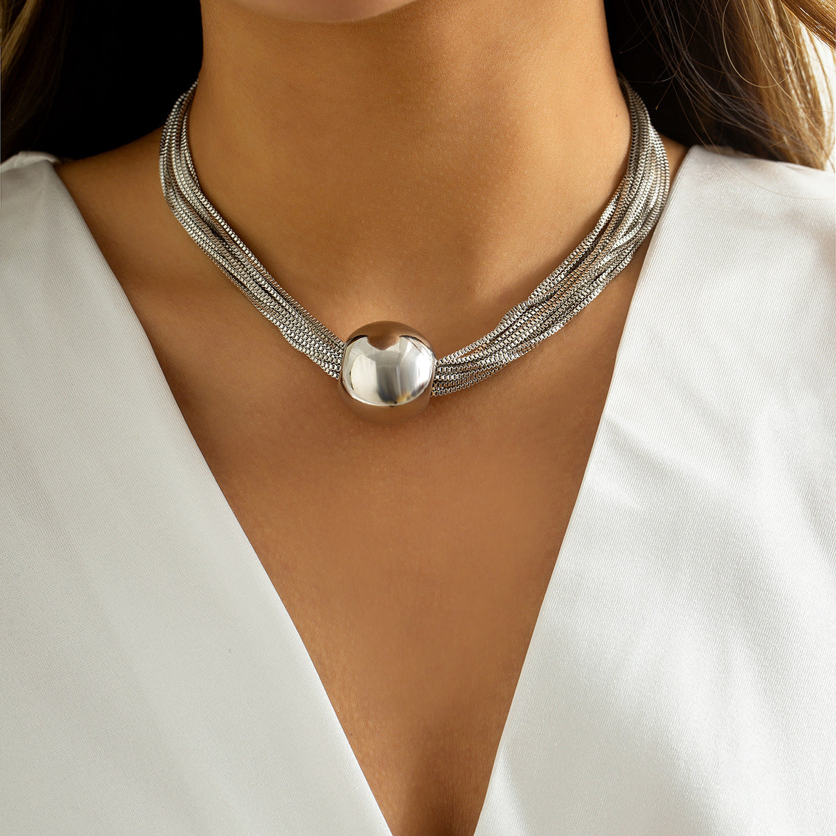 🧩 Choker + Multi-Layer Punk Chain Necklace – Geometric Round Beads