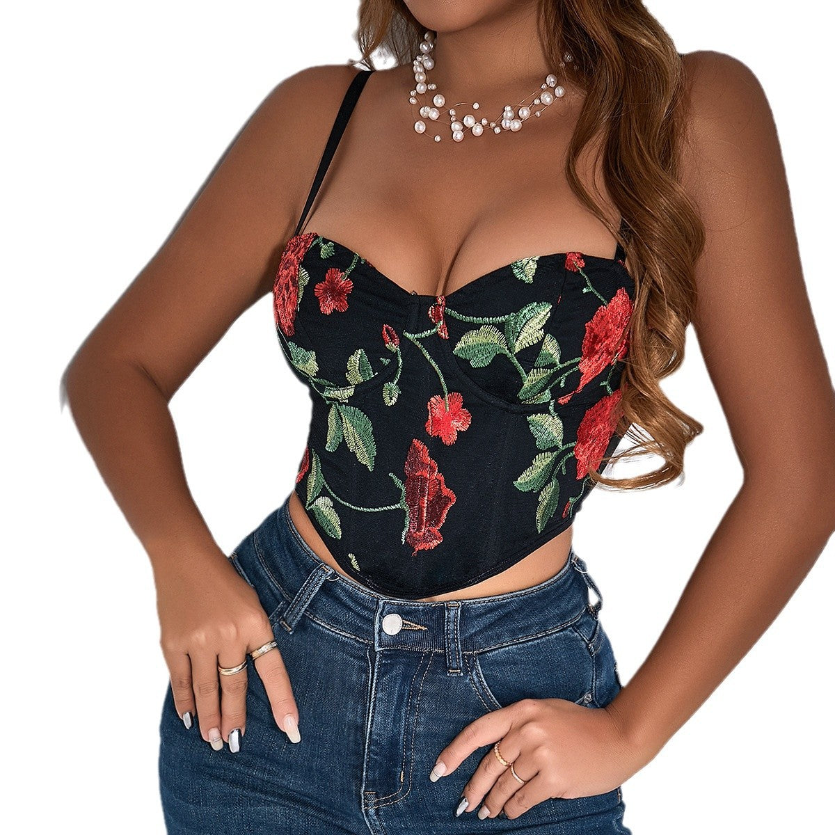 🪷 Spicy | Floral Embroidered Low-Cut Bustier — Statement Hourglass
