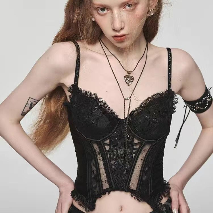 ✨ Spicy|Satin Lace-Up Boned Cross-Strap Bustier Top