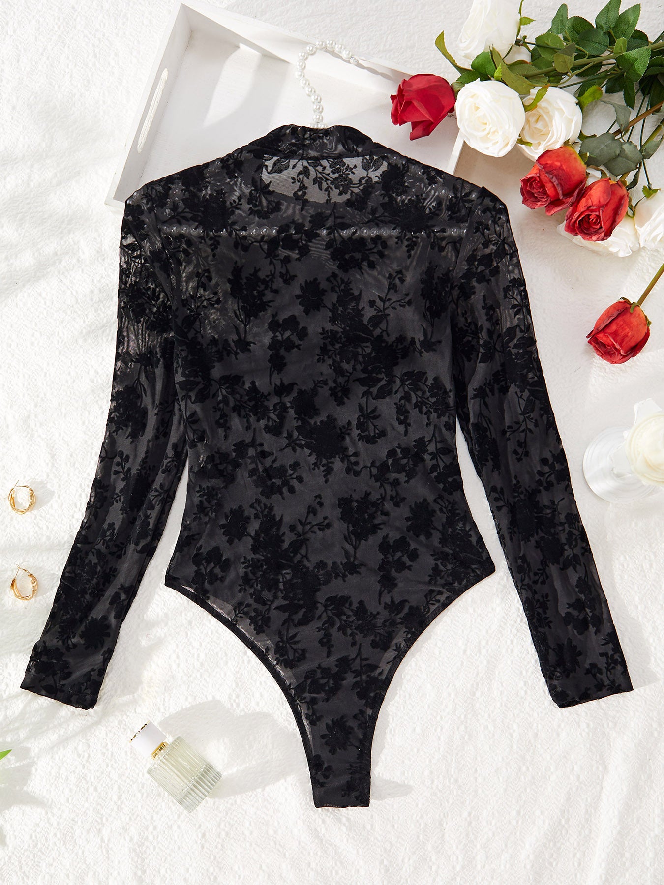 🌿 Spicy | Flocked Mesh Cutout Sheer Bodysuit