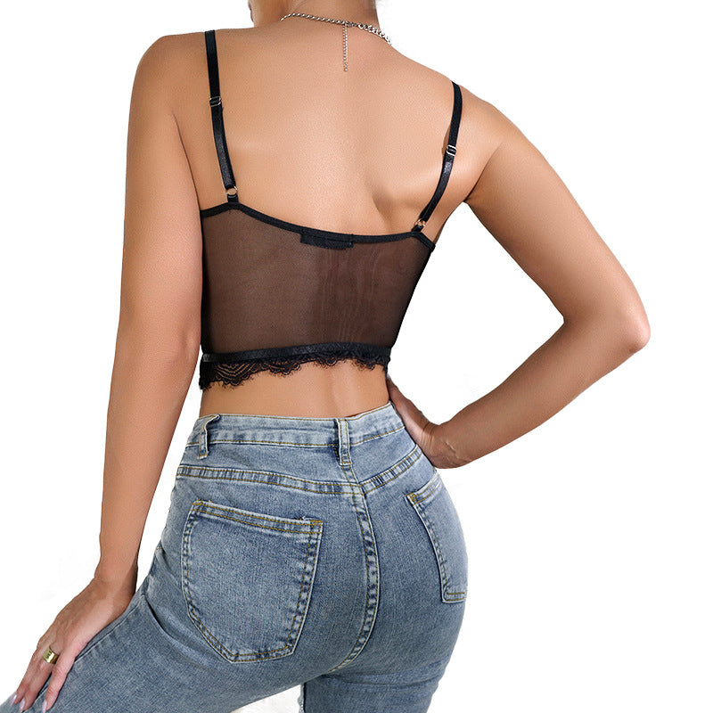🖤 Spicy | Sheer Mesh Diamond Bustier Crop Top
