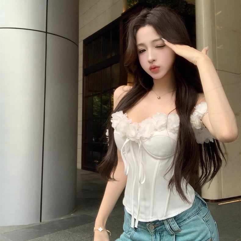 🤍 Spicy|White Lace Boned Cinched Waist Strapless Top