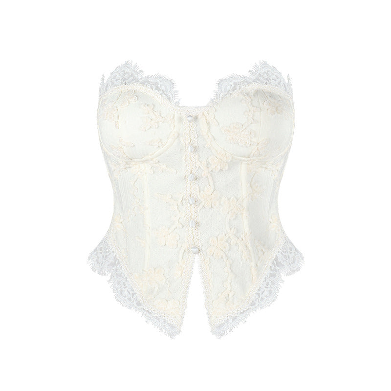 🪞 Spicy|Lace Panel Strapless Bustier Crop Top
