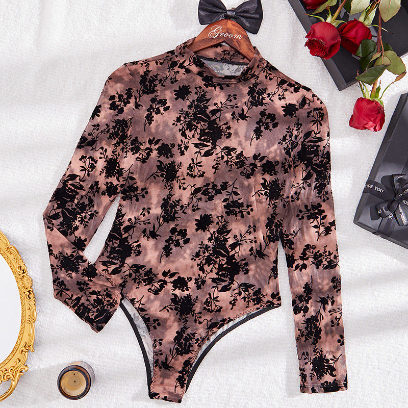 🌿 Spicy | Flocked Mesh Cutout Sheer Bodysuit