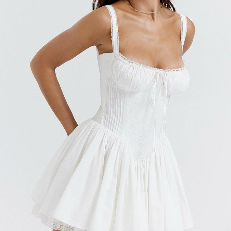 🤍 Spicy|Balletcore Lace Boned Cinched Waist Mini Dress