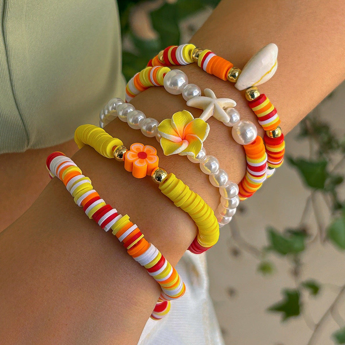 🐚 Bracelet Set + Starfish Shell Beaded Bracelet Duo – Ocean Floral Theme