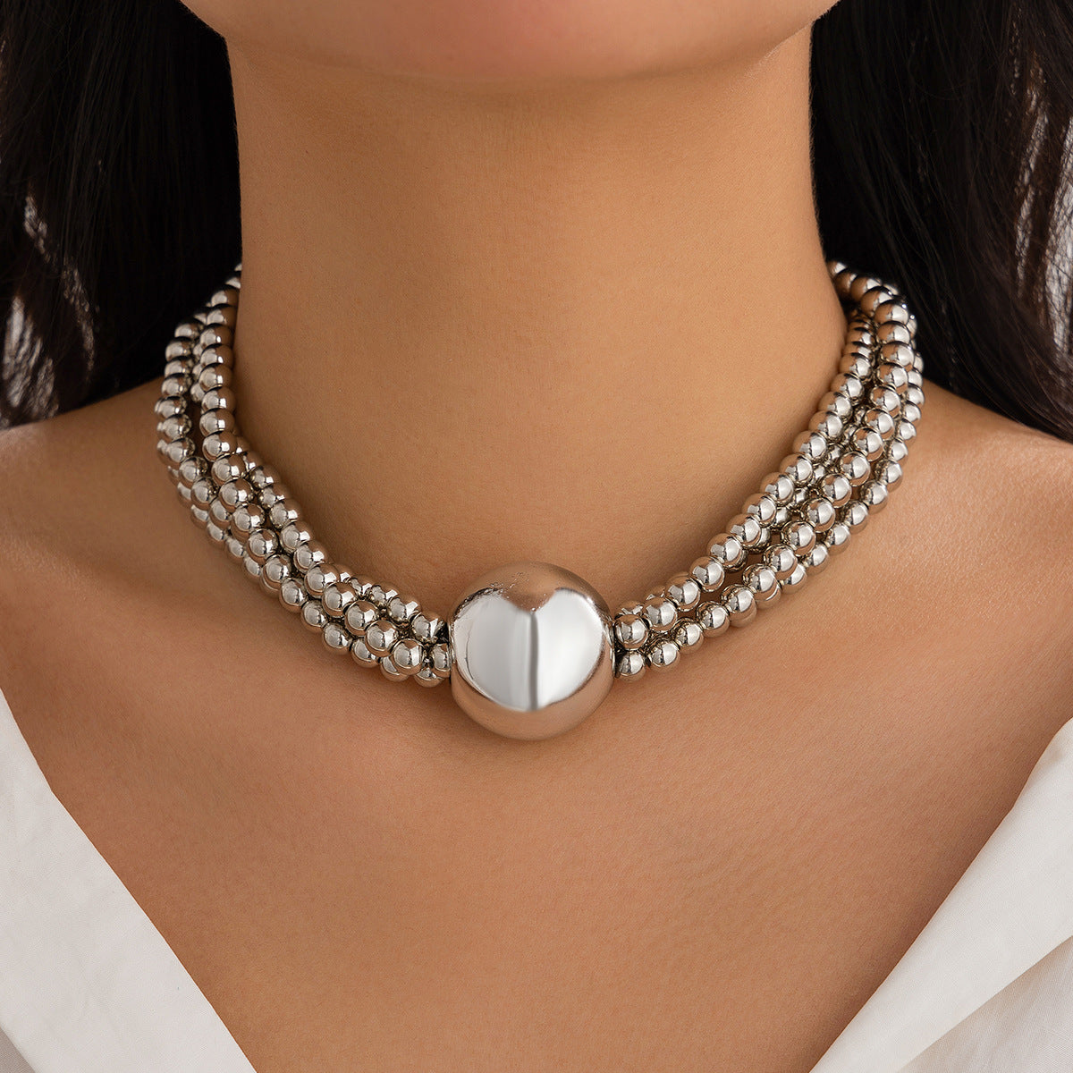 🔮 Necklace + Oversized Pearl Bead Pendant Necklace – Multi-Layer Street Vibe