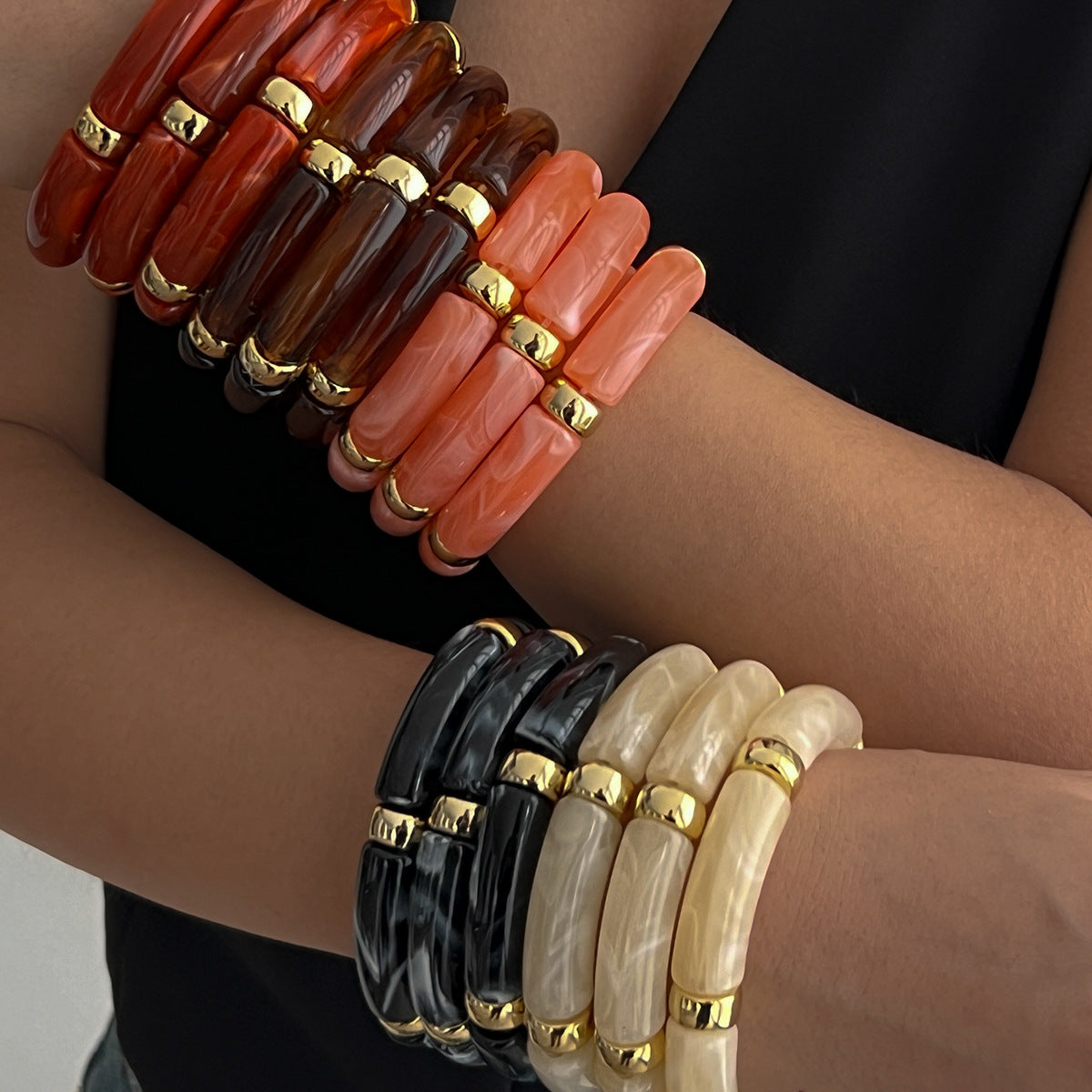 🎨 Bracelet Set + Tie-Dye Bead Bamboo Segment Bracelet Trio – Artistic Geometric