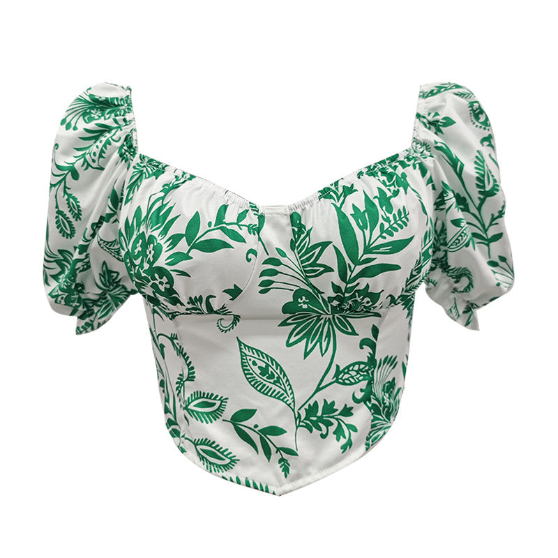 🌸 Spicy|Ruched Floral Lace Puff Sleeve Crop Top
