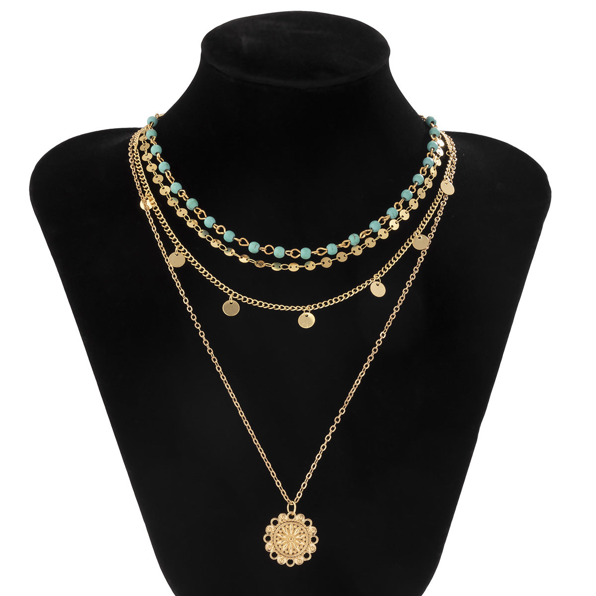 🍃 Necklace + Turquoise Bead Flower Pendant Necklace – Vintage Tassel Accents