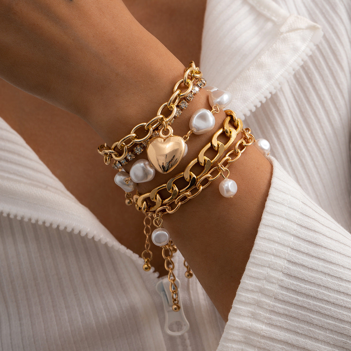 💫 Bracelet Set + Irregular Baroque Pearl Heart Bangle Duo