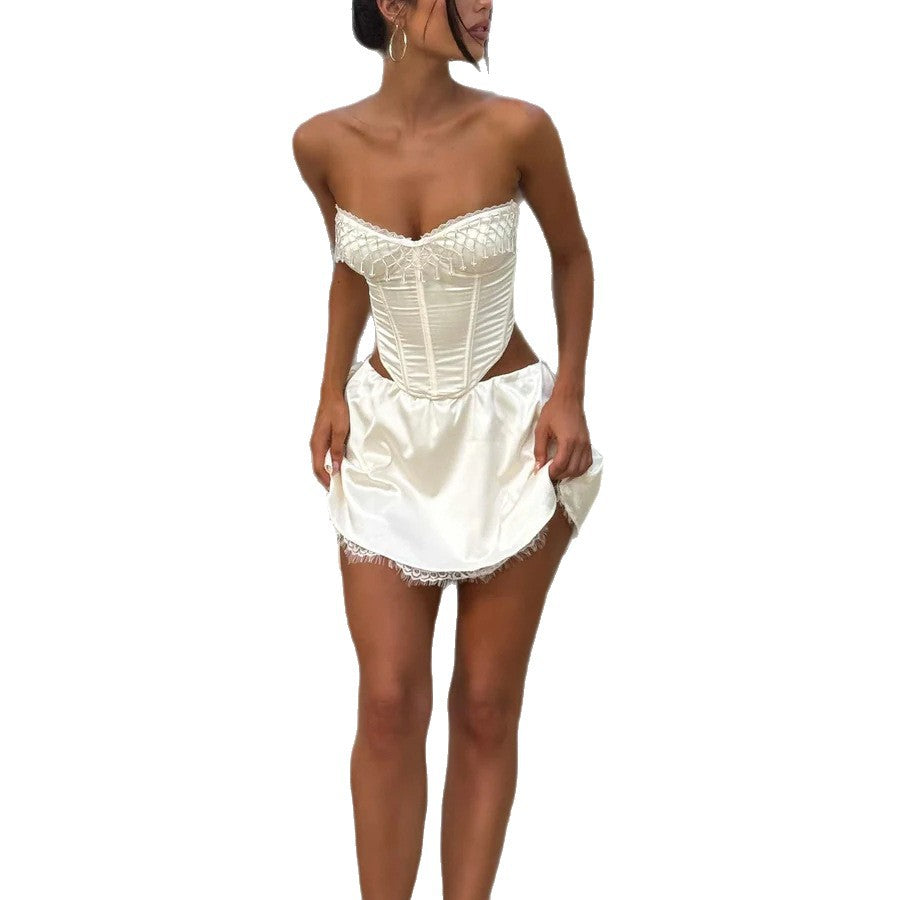 💎 Spicy | Pearl Lace Tie-Back Top — Sleek Boned Design