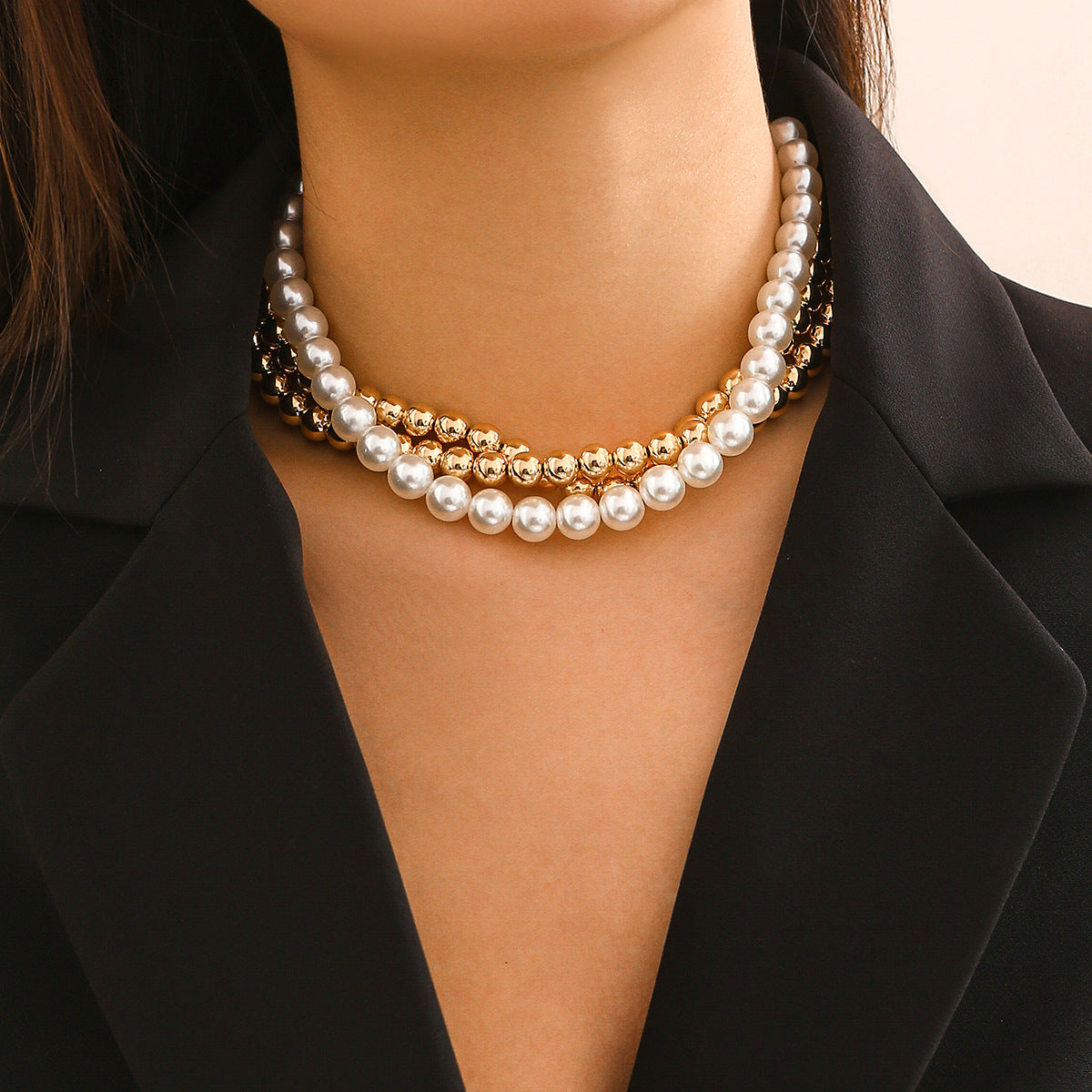 🖤 Choker + Punk Pearl Bead Geometric Statement Necklace