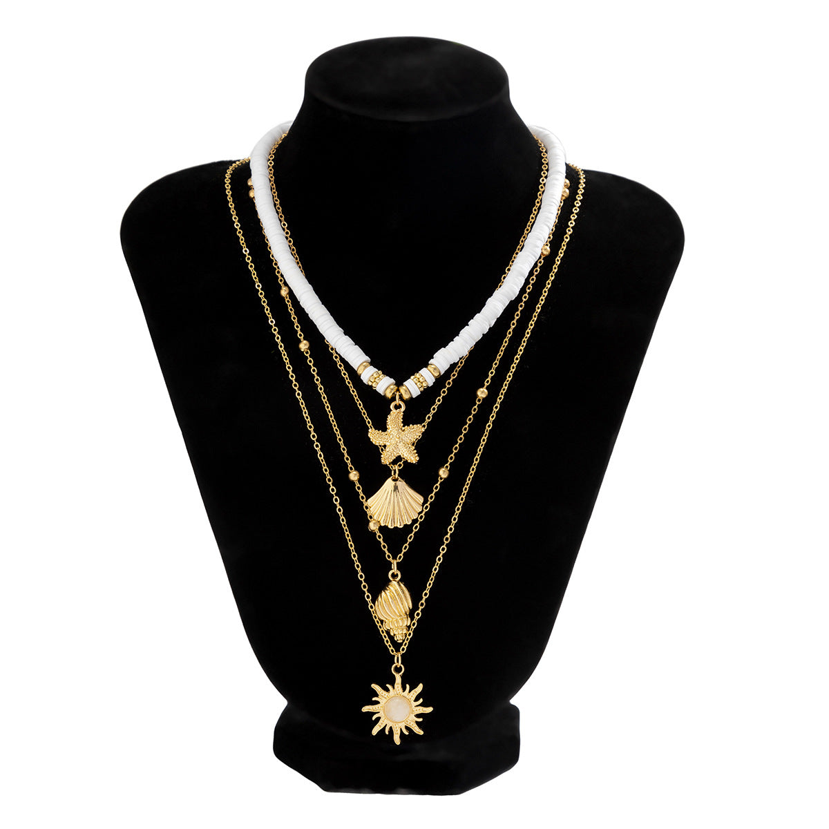 🌞 Necklace + Sunflower Multi-Layer Pearl Shell Necklace – Boho Summer
