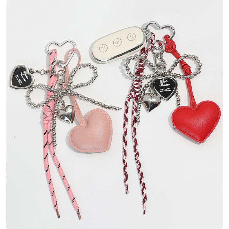 Silver Pearl Bow Leather Heart Keychain Charm — Miu-Inspired Dark Aesthetic