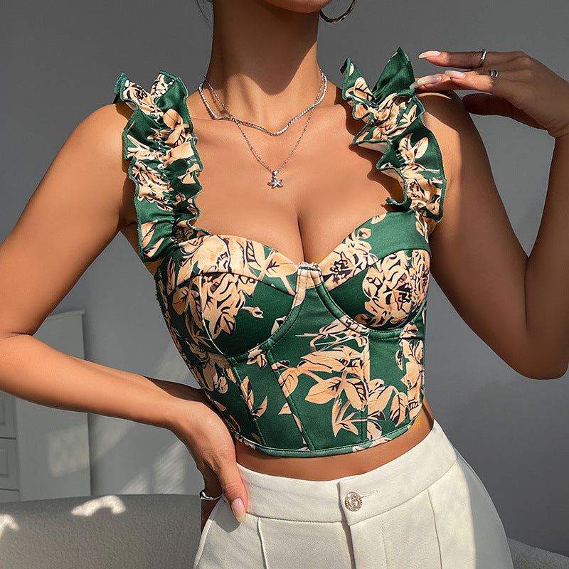 🍊 Spicy | Printed V-Neck Back-Tie Bustier