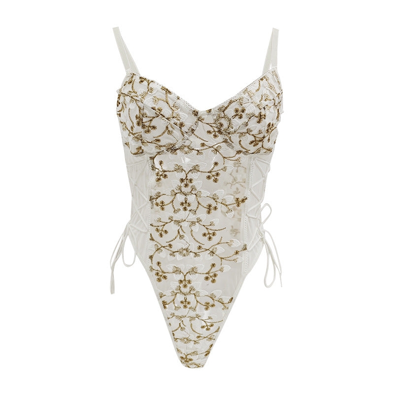 🌿 Spicy | Sheer Embroidered Lace Drawstring Bodysuit