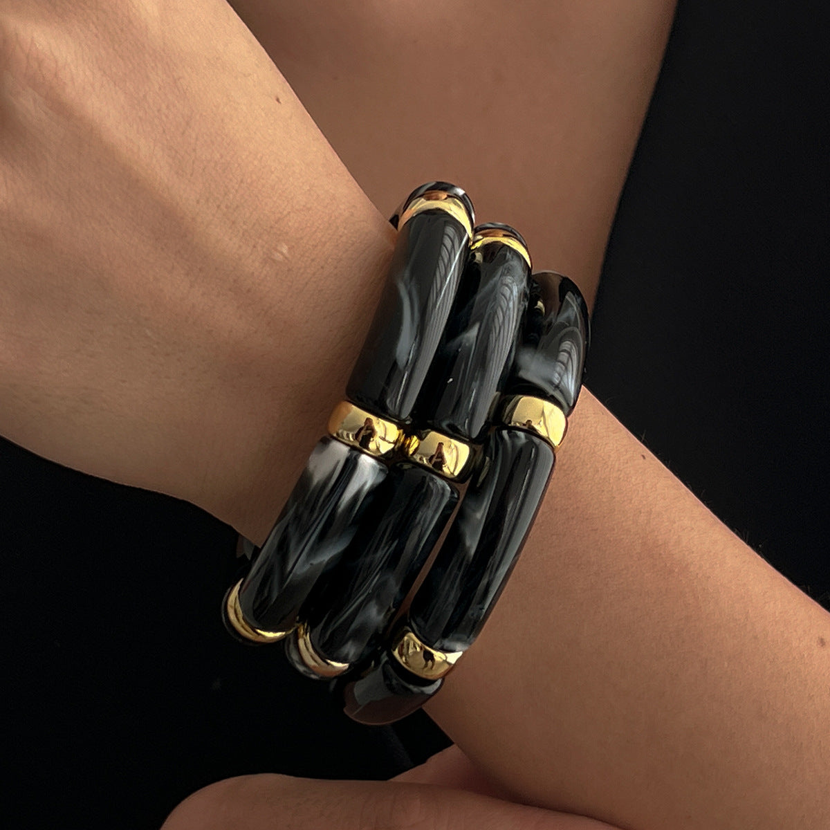 🎨 Bracelet Set + Tie-Dye Bead Bamboo Segment Bracelet Trio – Artistic Geometric