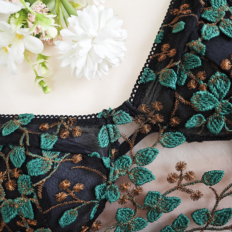 🌿 Spicy | Sheer Embroidered Lace Drawstring Bodysuit