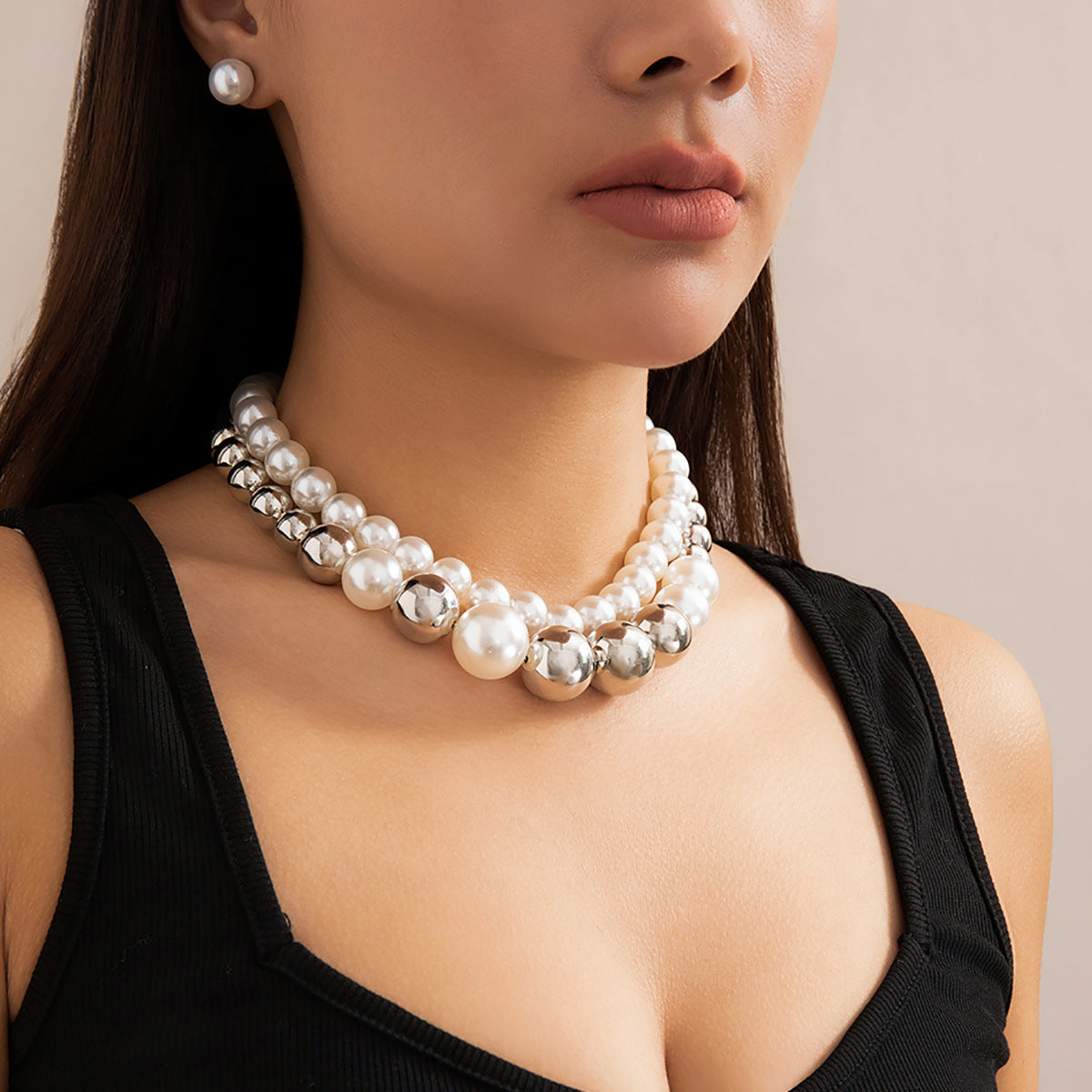 ⚪ Choker + Statement Giant Bead Short Necklace – Faux Pearl Punk Vibe