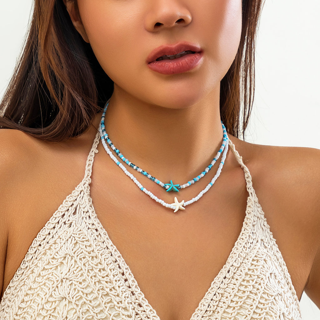 🌊 Necklace + Beaded Starfish & Shell Necklace – Coastal Beach Style