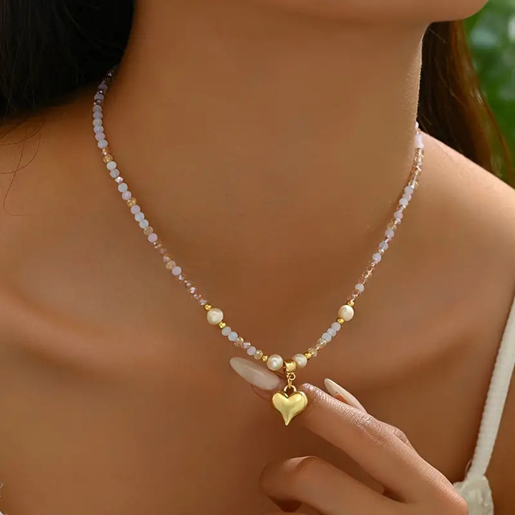 💖 Necklace + Beaded Freshwater Pearl Heart Layered Necklace