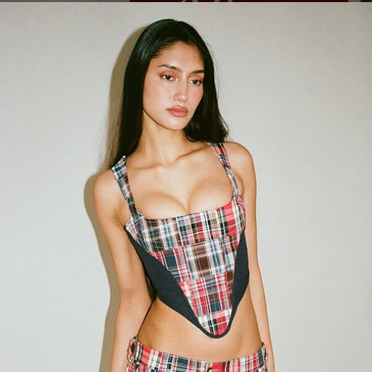 🎲 Spicy | Plaid Stitch Boned Top — Streetcore Statement with Tie-Up Back