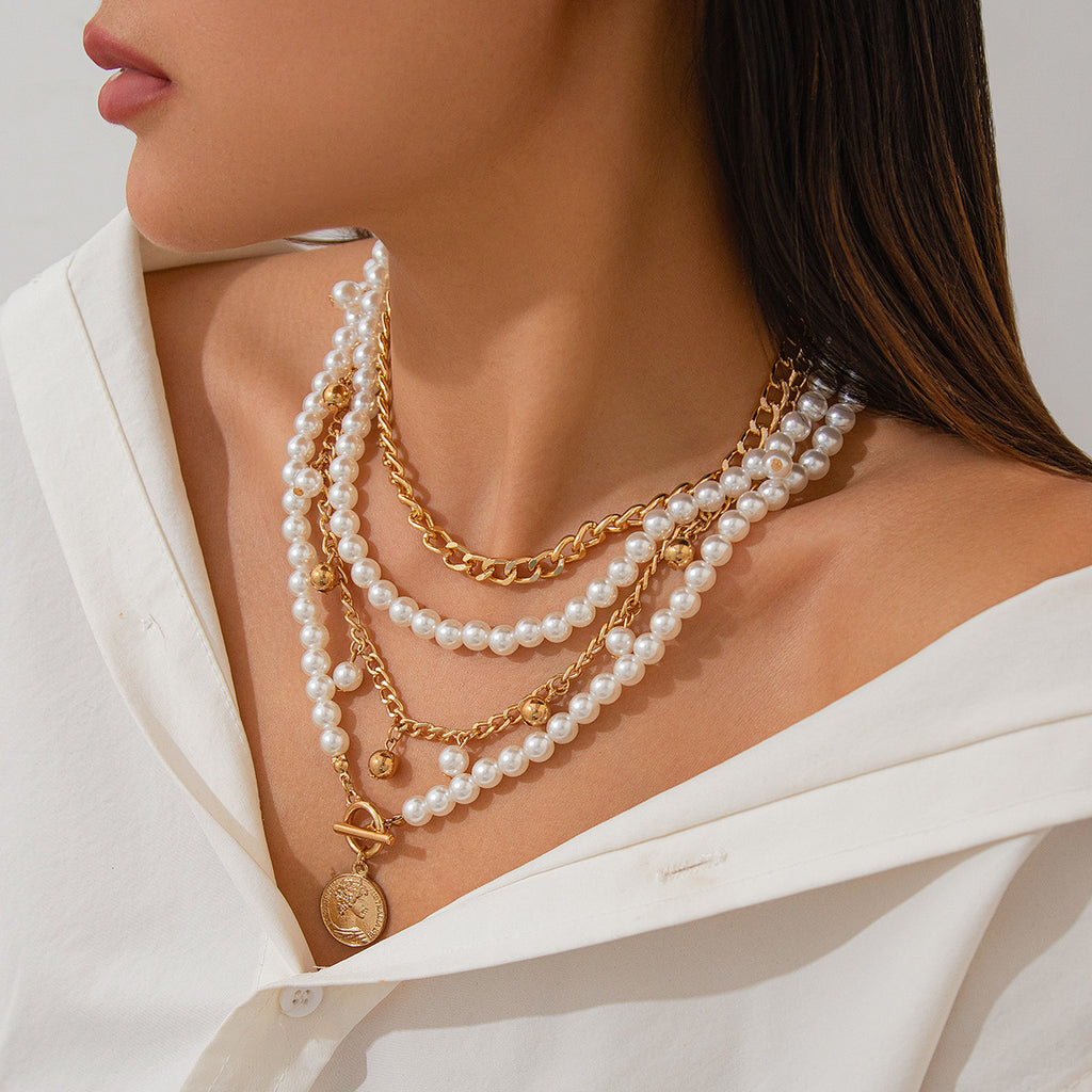 ⚪ Necklace + Elegant Pearl Beaded Necklace – Aluminum Chain Multi-Layer Look