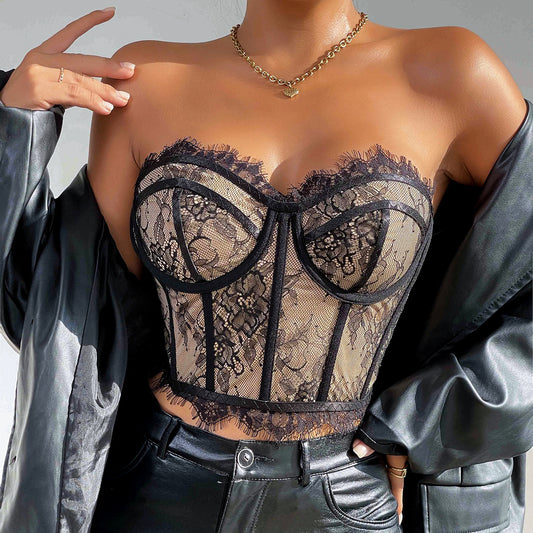🧵 Spicy｜Lace Boned Bustier Slim Fit Strapless Crop Top
