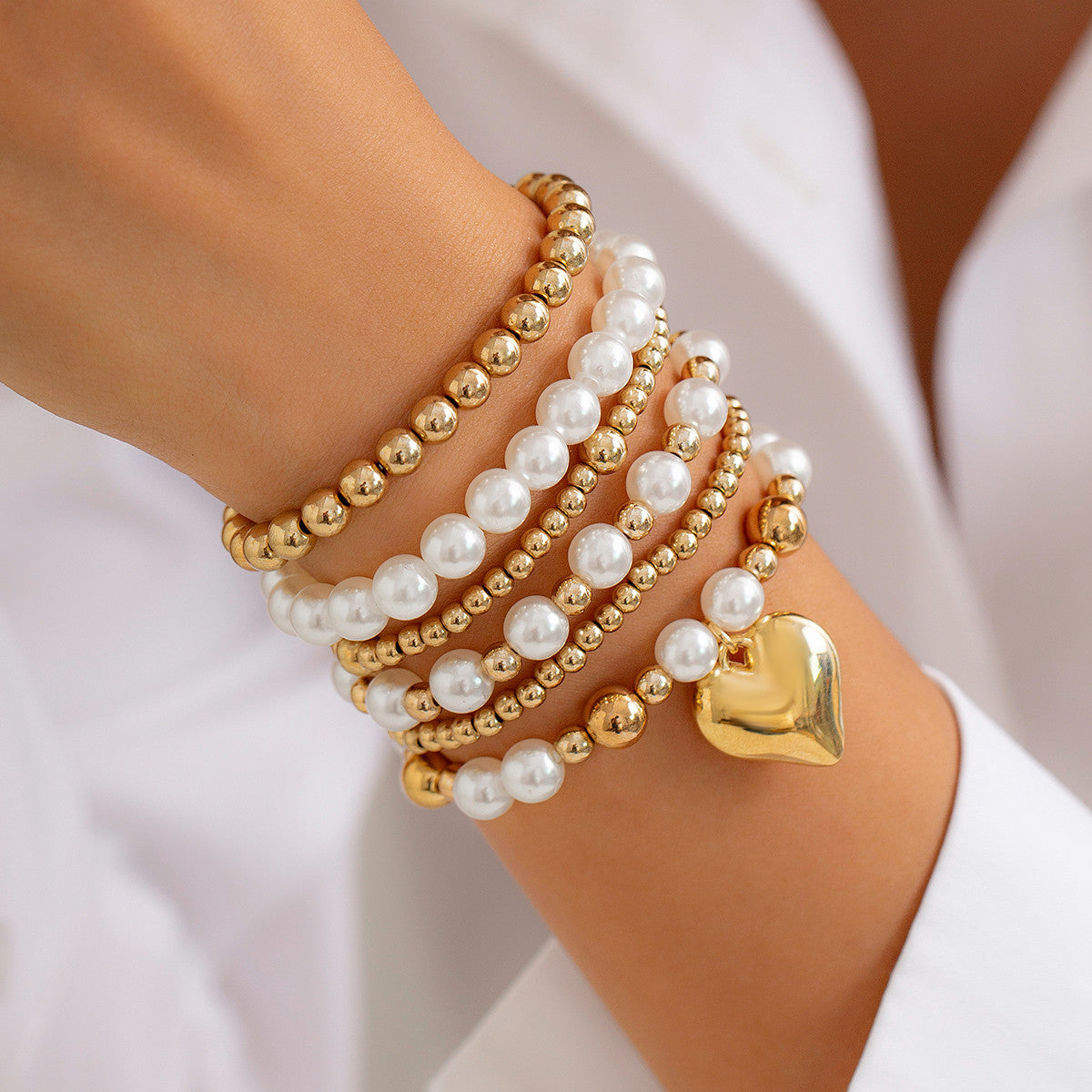 💝 Bracelet Set + Pearl Bead Bracelet With Hollow Heart Charm – Sweet Style