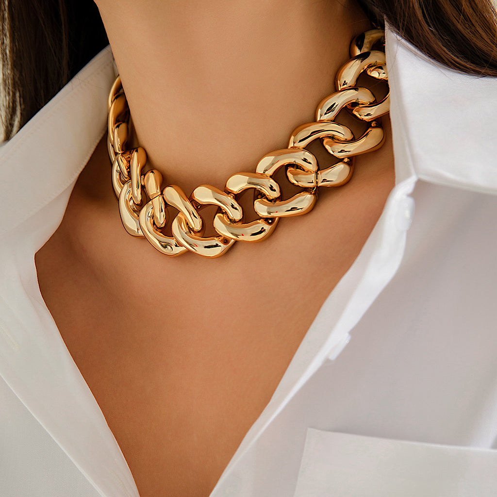 🧩 Necklace + Chunky Punk Chain Collar – Geometric Clasp Detail