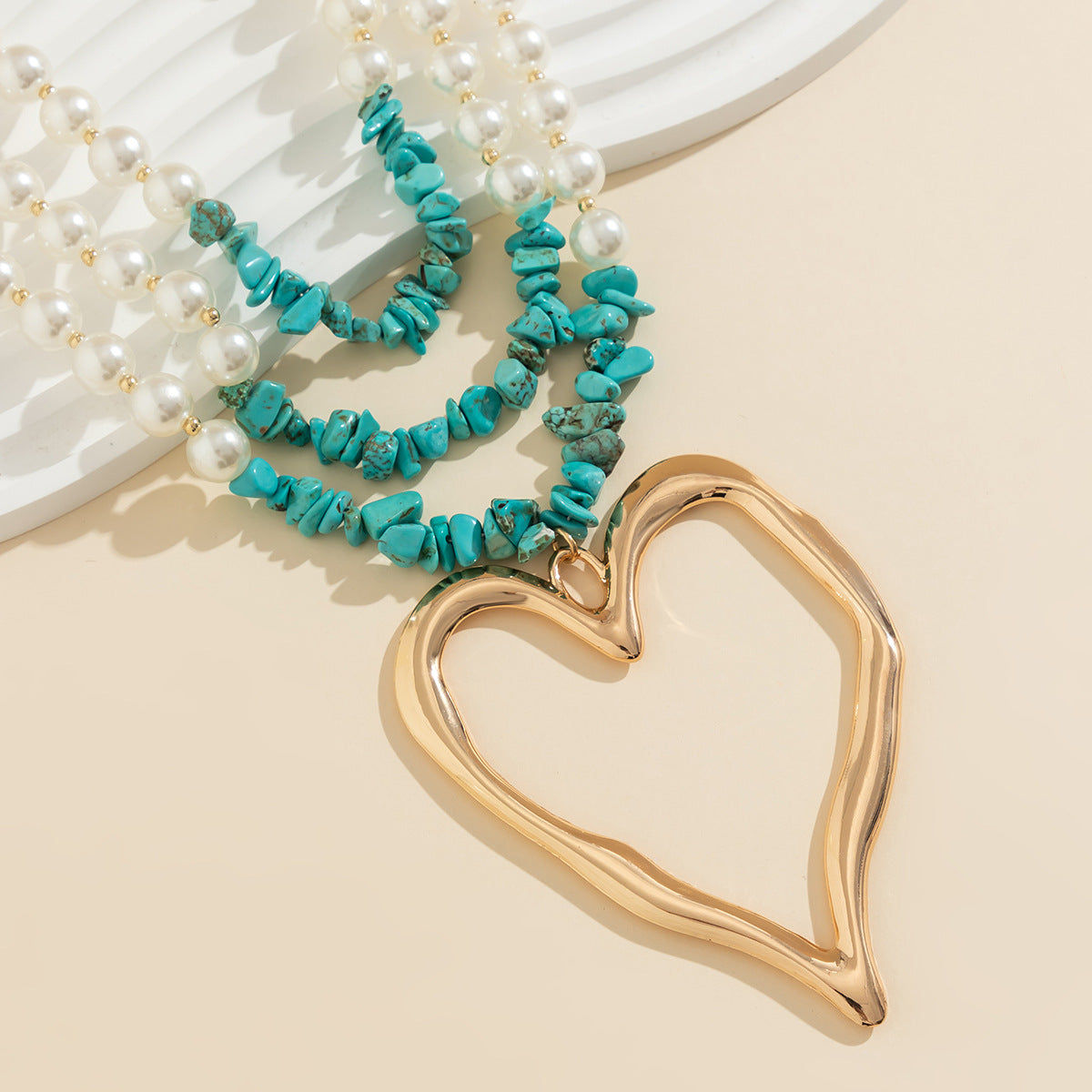 💖 Necklace + Pearl Bead Statement Necklace With Turquoise Heart