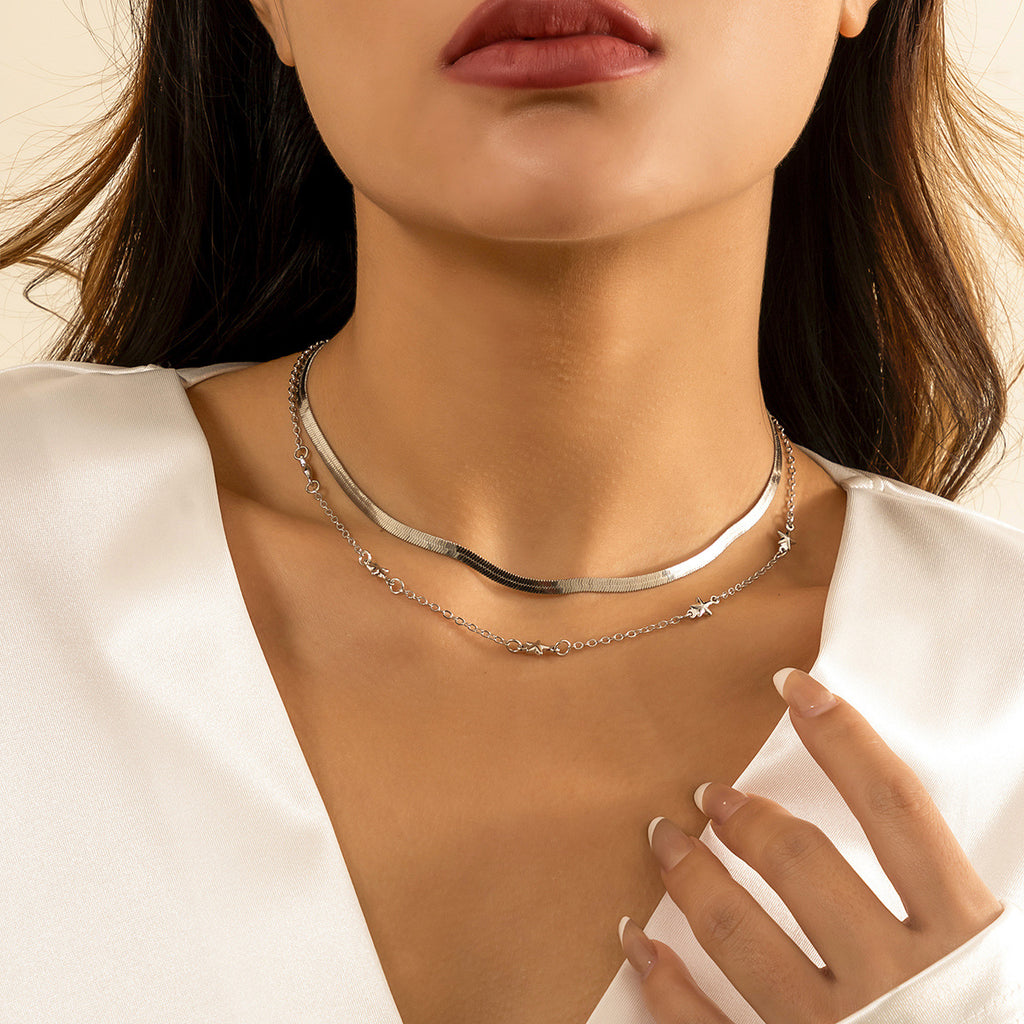 🧵 Necklace + Double-Layer Knotted Punk Chain Necklace – Street Metal Style