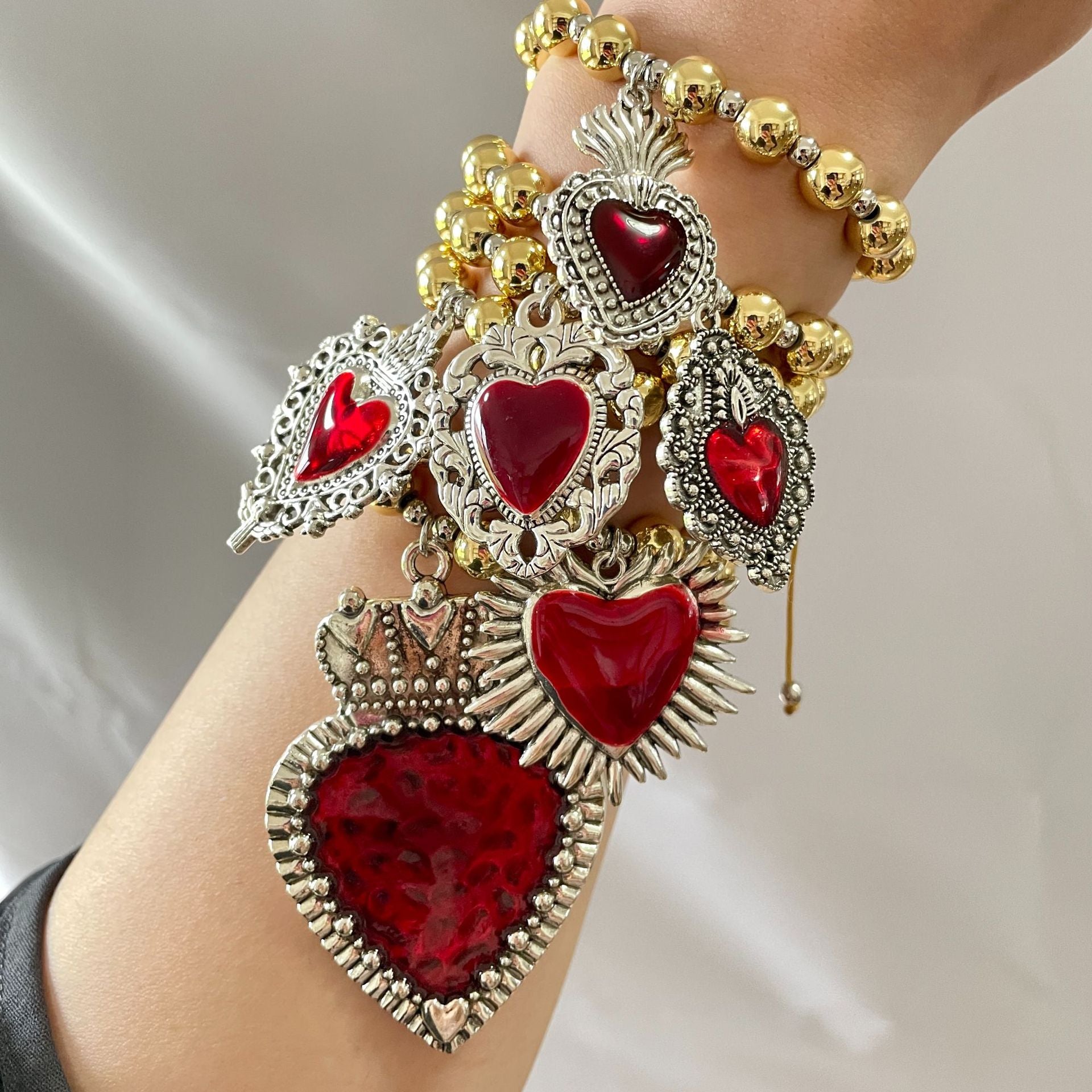 ❤️ Bracelet + Red Beaded Silver Enamel Heart Charm