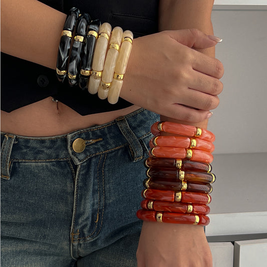 🎨 Bracelet Set + Tie-Dye Bead Bamboo Segment Bracelet Trio – Artistic Geometric