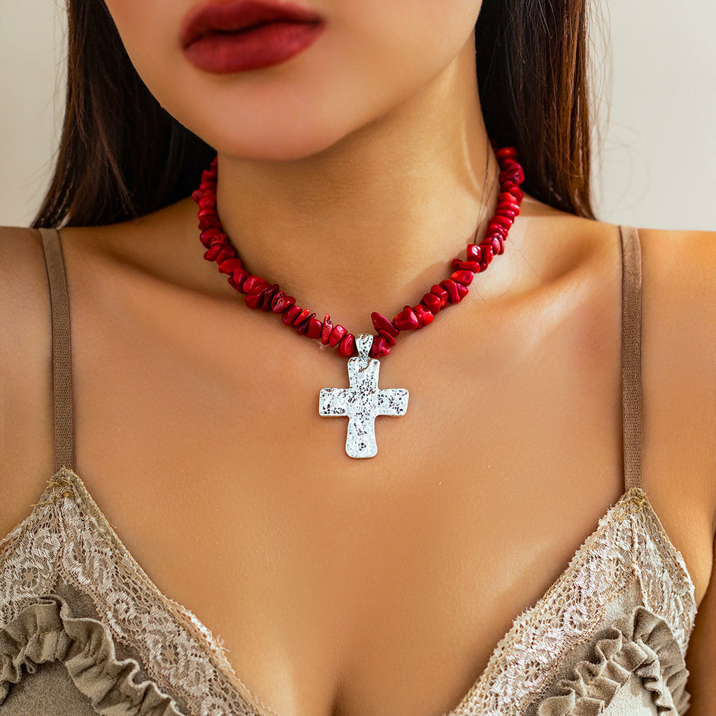 🌿 Necklace + Beaded Turquoise & Stone Cross Pendant Necklace