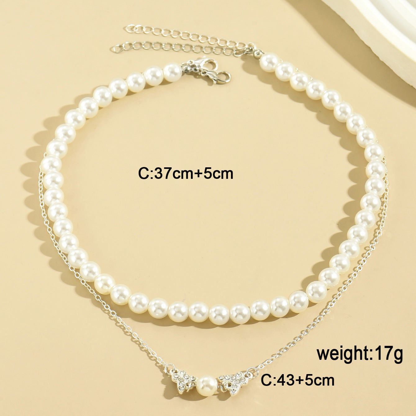 🦋 Necklace + Double-Layer Pearl Necklace With Rhinestone Butterfly Pendant