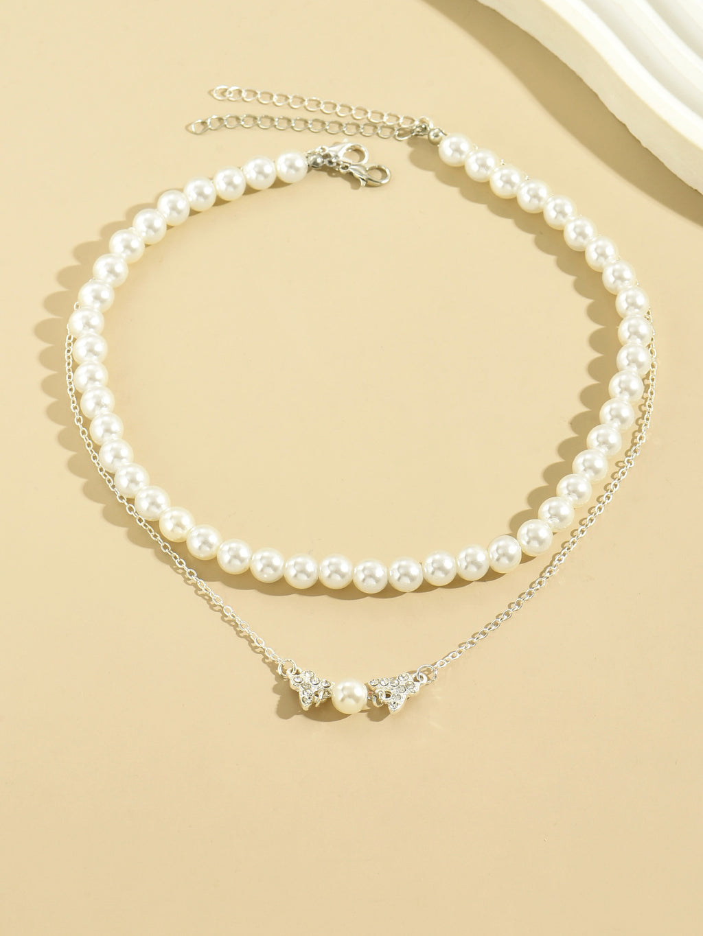 🦋 Necklace + Double-Layer Pearl Necklace With Rhinestone Butterfly Pendant
