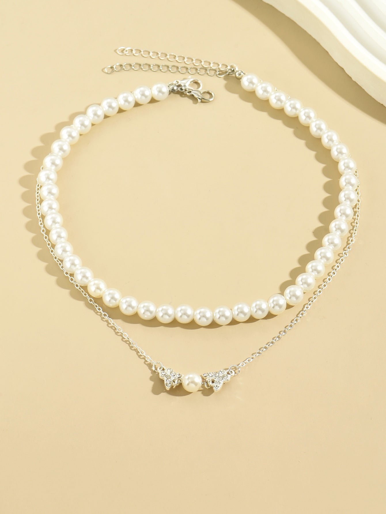 🦋 Necklace + Double-Layer Pearl Necklace With Rhinestone Butterfly Pendant