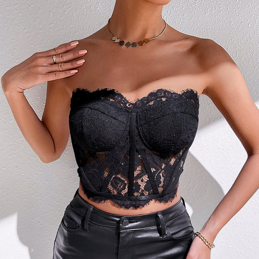 🎭 Spicy｜Black Lace Boned Corset Cropped Tank Top