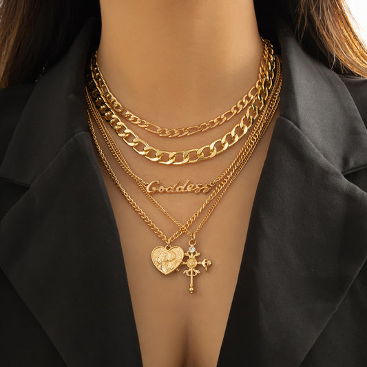 🧍 Necklace + Layered Cameo Cross Pendant – Gothic Letter Chain