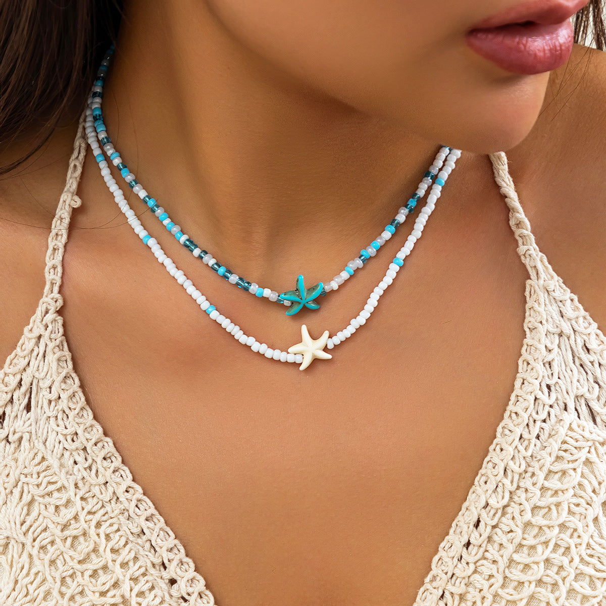 🌊 Necklace + Beaded Starfish & Shell Necklace – Coastal Beach Style