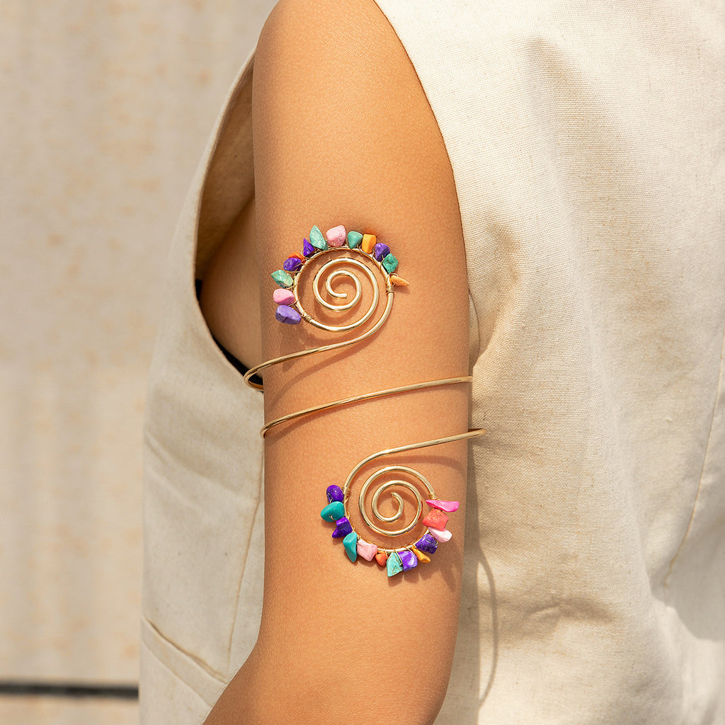 🌀 Arm Chain + Tribal Spiral Stone Beaded Arm Cuff – Retro Boho Design