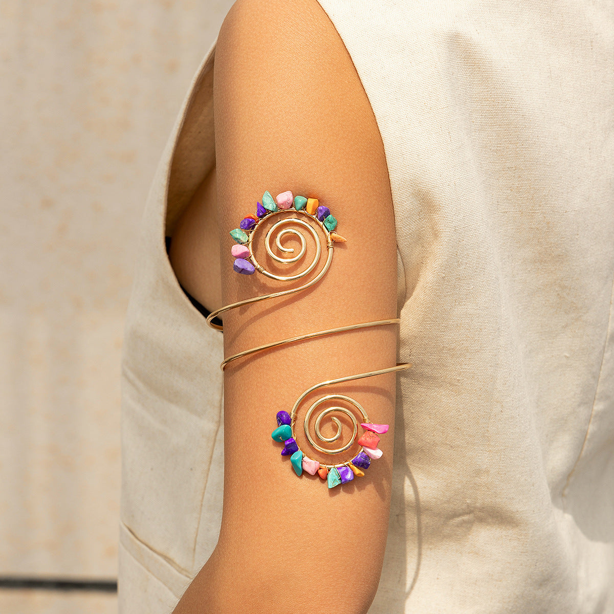 🌀 Arm Chain + Tribal Spiral Stone Beaded Arm Cuff – Retro Boho Design