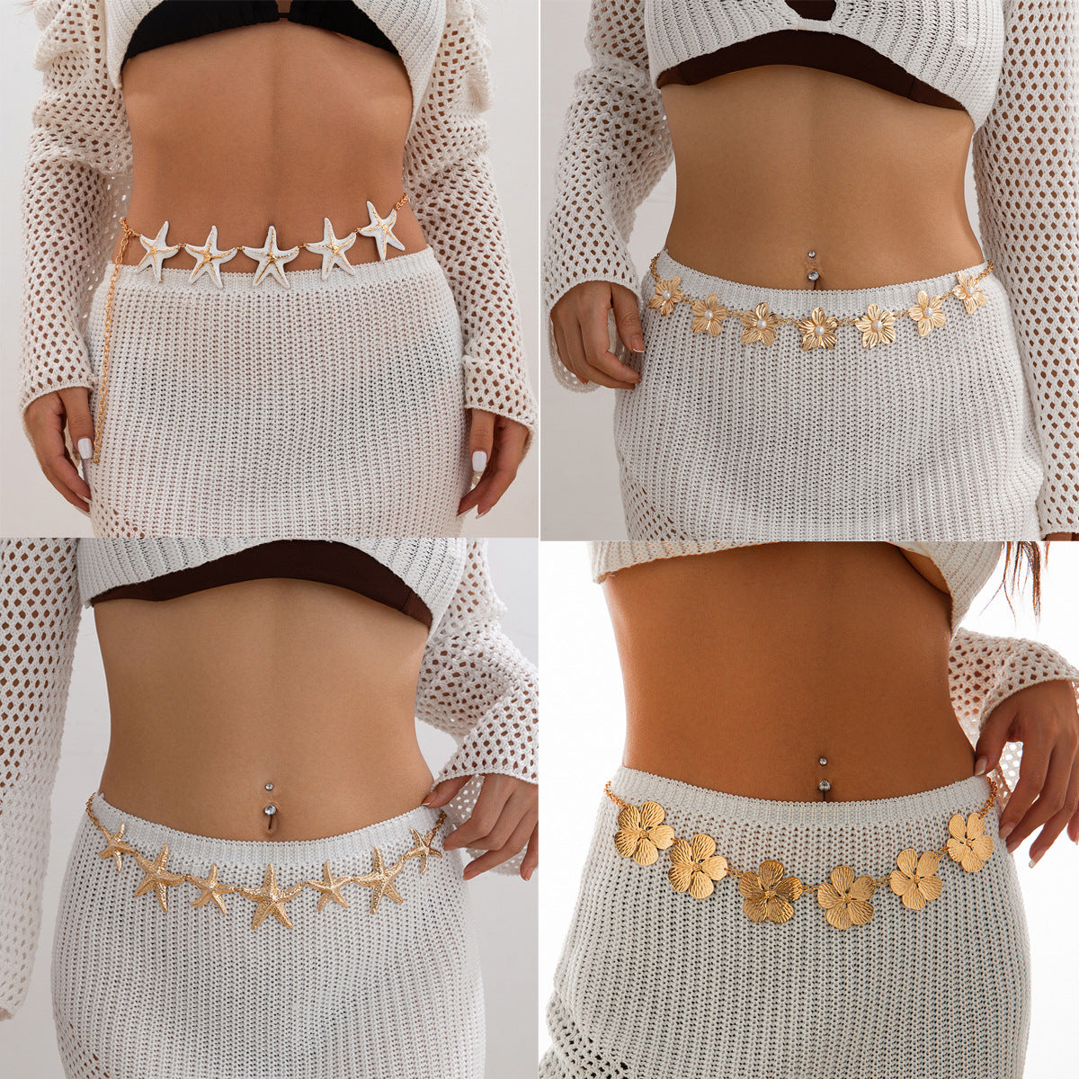 🌸 Waist Chain + Faux Pearl Starfish Floral Body Chain – Vacation Chic