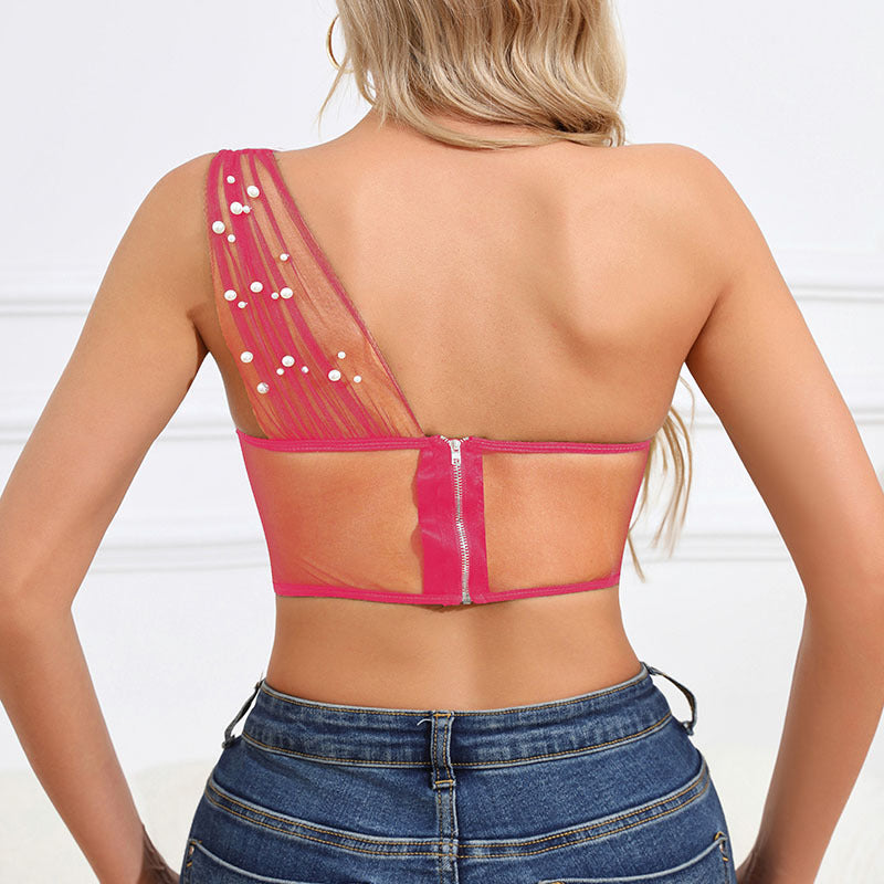 👗 Spicy |  Boned Lace Sheer Mesh Pearl-Detail Top