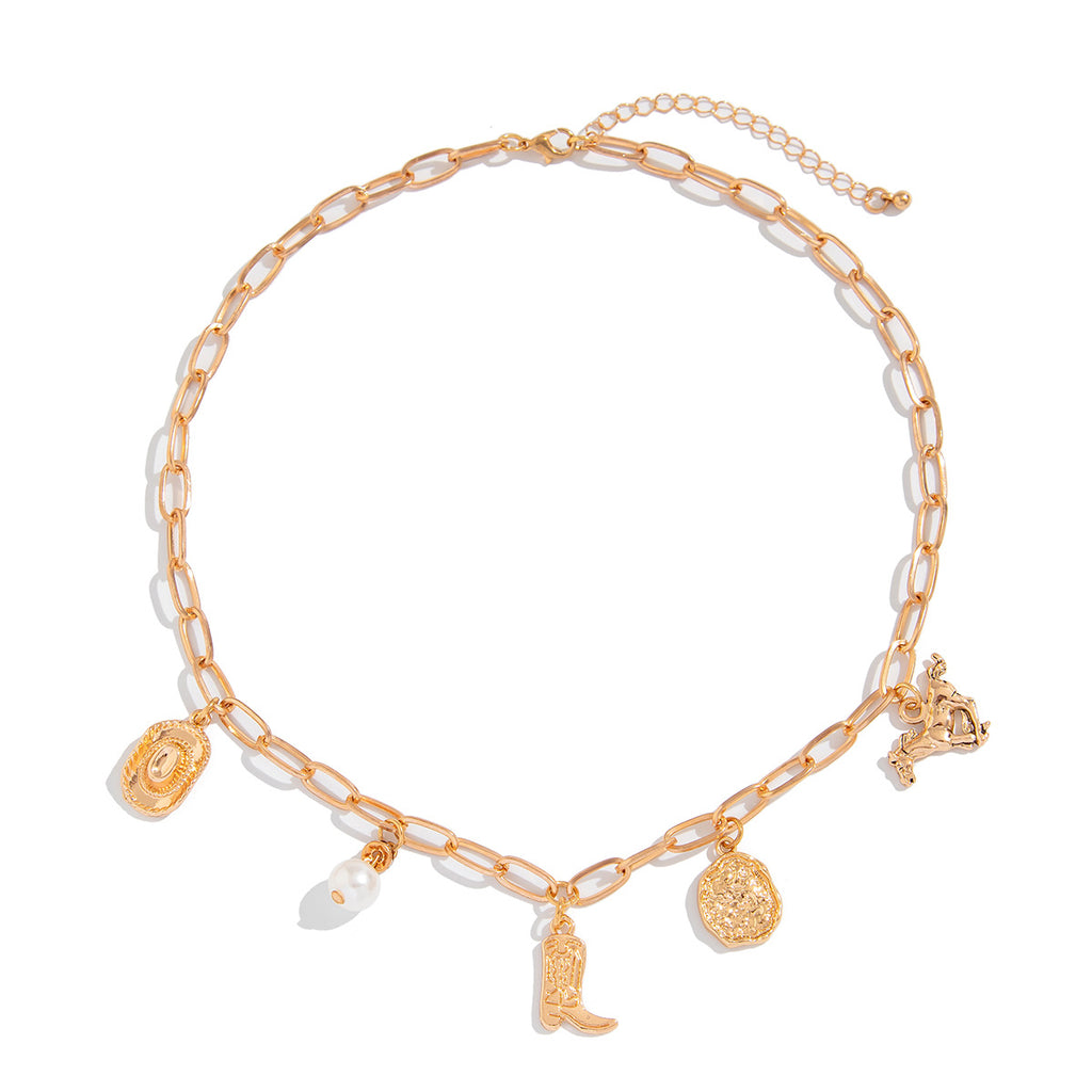 👢 Necklace + Cowboy Boot Charm & Pearl Necklace – Asymmetrical