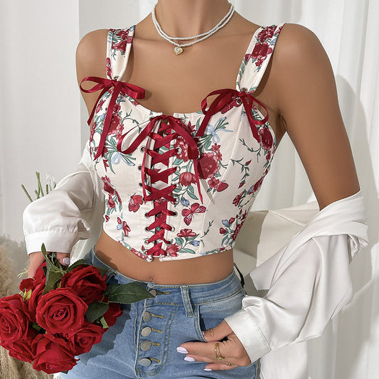 🌹 Spicy | Floral Print Tie-Up Corset — Vintage Waist Sculpting