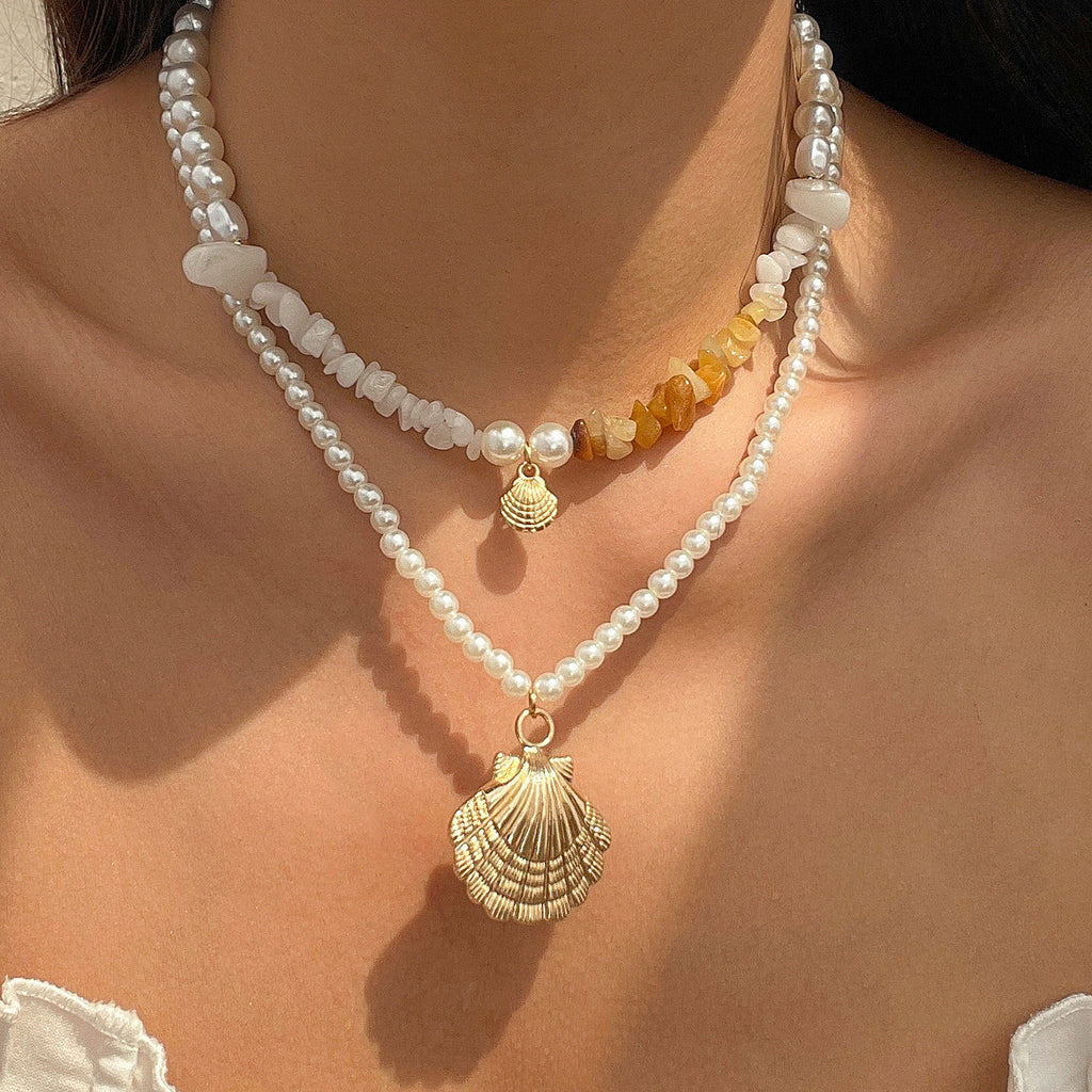 🌊 Necklace + Beaded Shell Pearl Necklace – Baroque Stone Accent