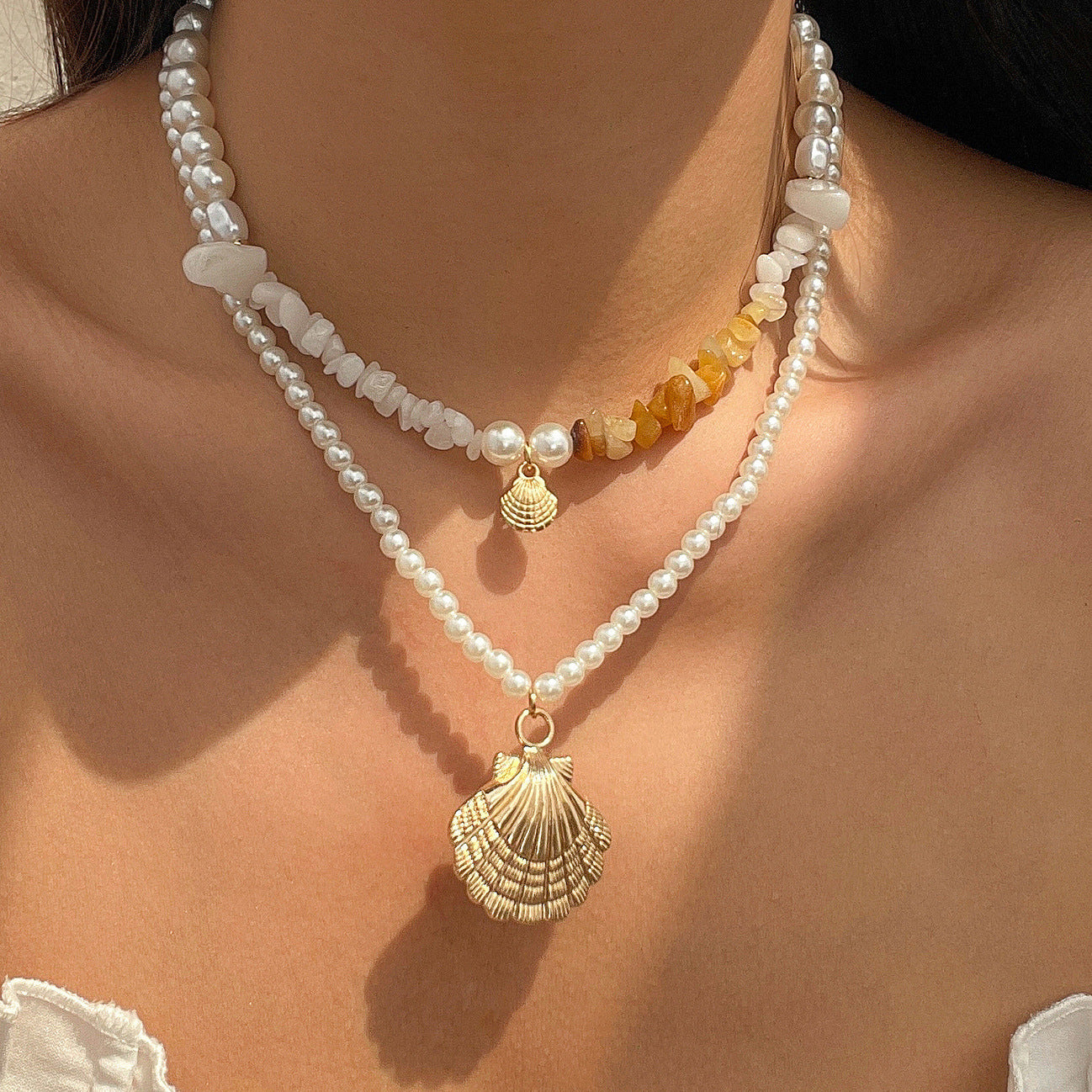 🌊 Necklace + Beaded Shell Pearl Necklace – Baroque Stone Accent